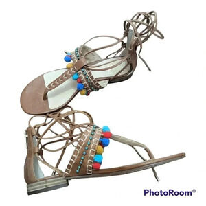 Vince Camuto Size 6.5M Balisa Emblished Pom Pom Leather Lace Up Zip Sandal Flats